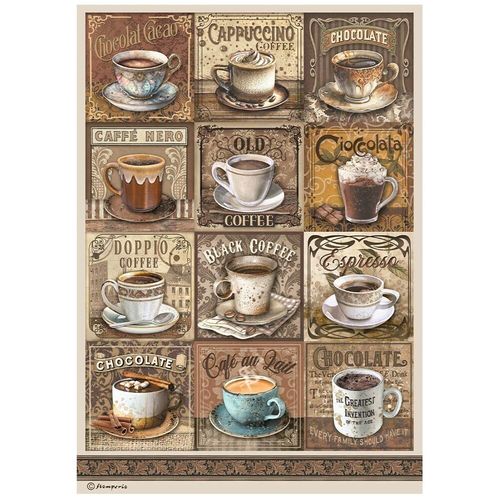 Coffee and Chocolate Rice Paper Sheet A4 - Paper Tags with Cups